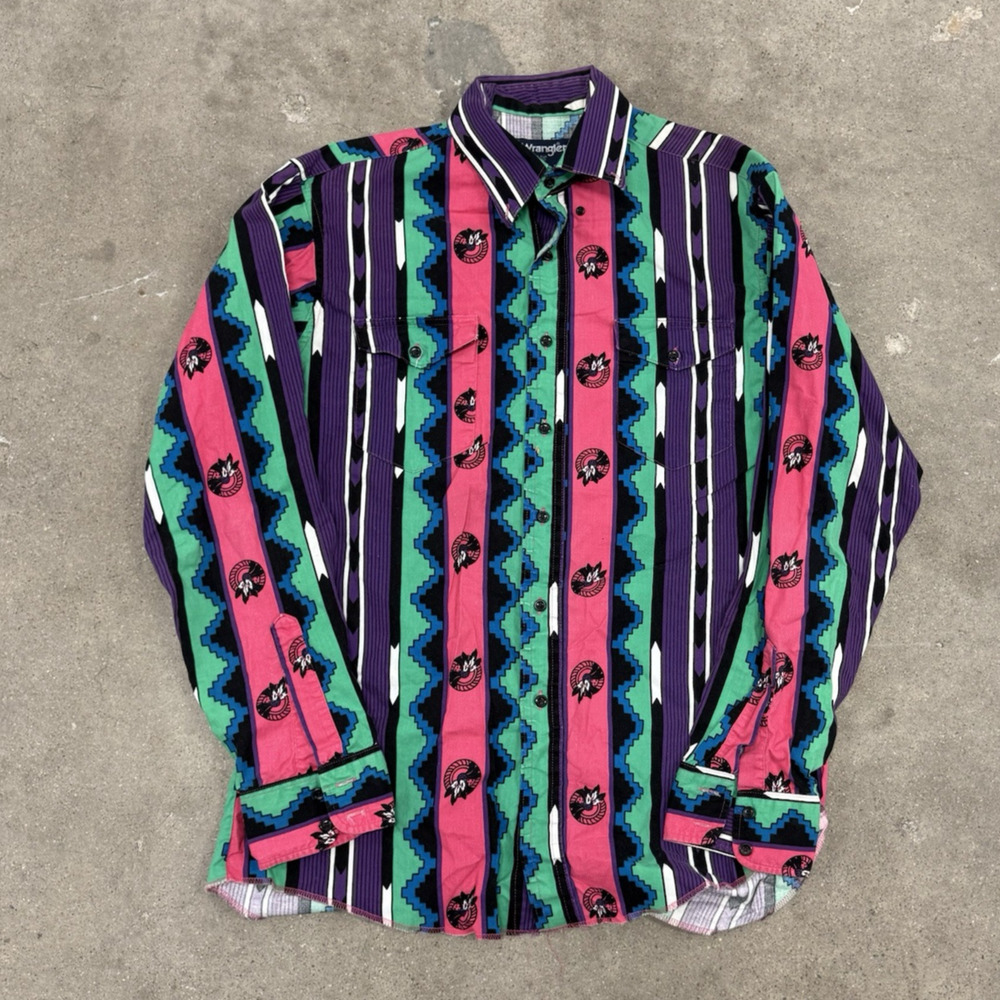 Vintage 90S Wrangler Brushpopper Western Shirt Rodeo Cowboy Aztec 16x35